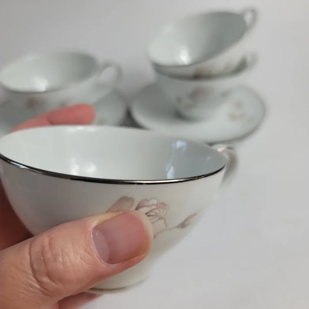 FOUR Noritake Sweet Talk Cup & Saucers Sets White with Pink & White Roses